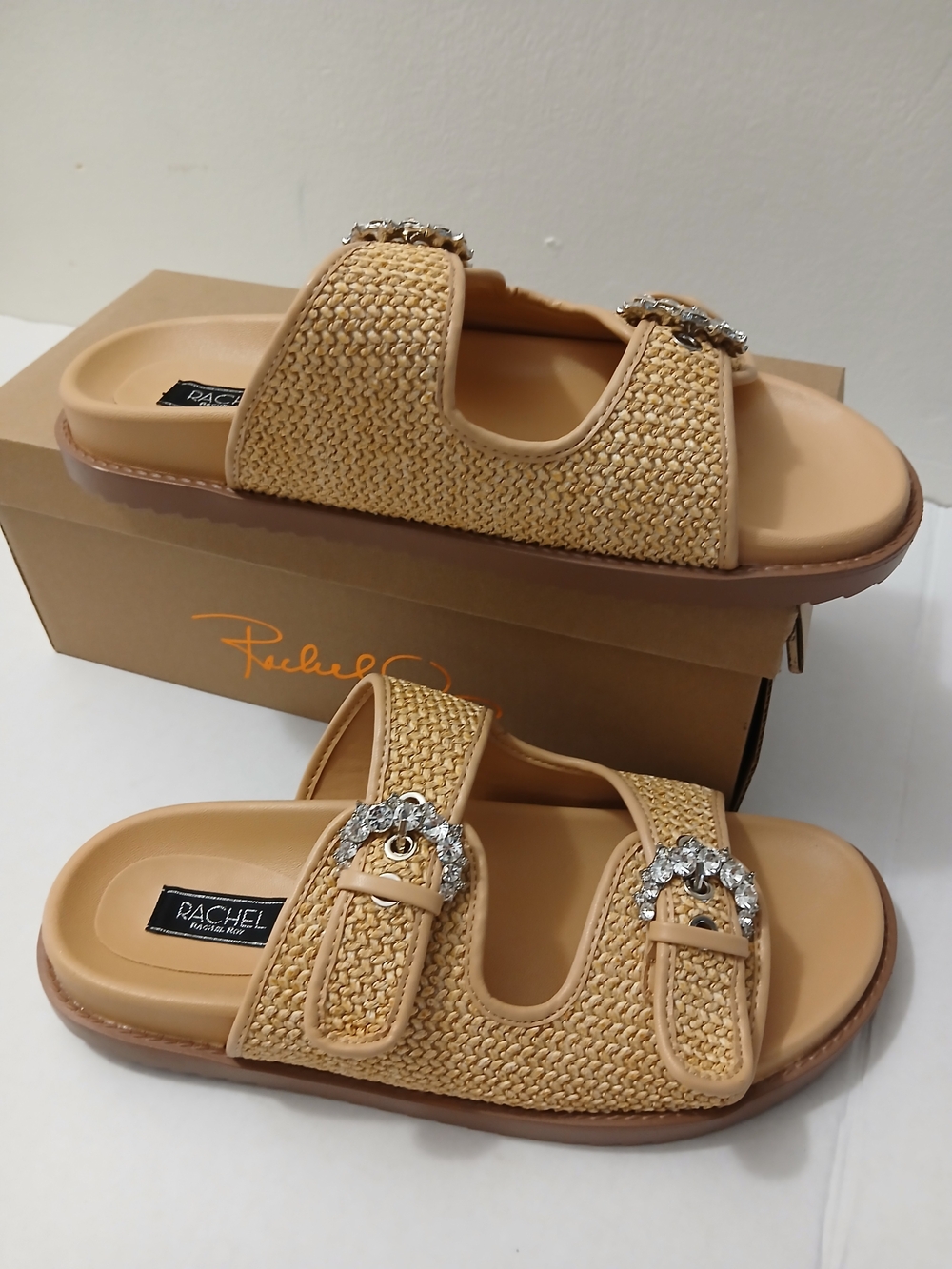 Rachel Roy  Tan Woven Slide Sandals with Crystal Buckles Multiples Sizes New $25 - Picture 4 of 10